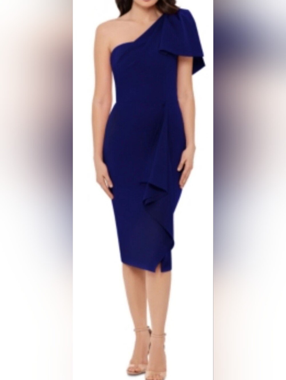Betsy & Adam Asymmetric Bow Ruffle Front Midi Dress NWT Size 8 Navy Blue
